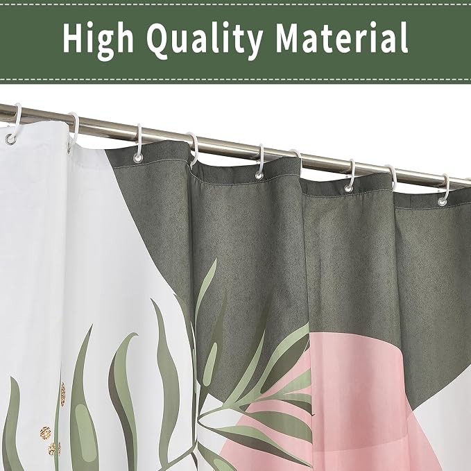 Boho Mid Century Shower Curtain, Pink Modern Minimalist Abstract Geometric Sage Green Gold Plant Leaves Bathroom Curtains Washable Waterproof Fabric Buthtub Curtain Set with Hooks 66" Wx72 L