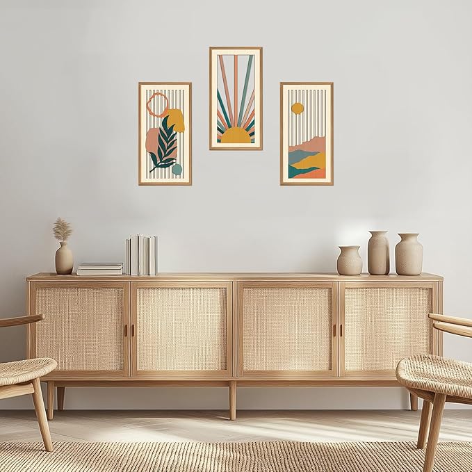 IARTTOP 3Pcs Boho Sunrise Wood Wall Decor Abstract Nature Mountain Wall Art Botanical Mid Century Artwork Minimalist Geometric Art Prints for Living Room Bedroom Office Decoration 8 x16Inch Framed