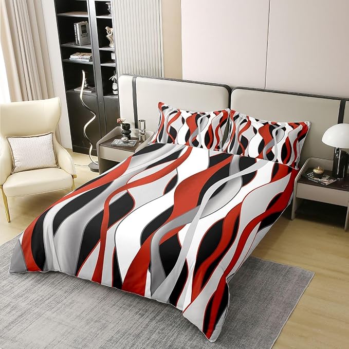 Erosebridal Red and Black 100% Cotton Duvet Cover Twin Red Geometric Striped Bedding Set for Kids Teens Adults Wave Lines Stripes Abstract Comforter Cover Minimalist Boho Modern Art Bed Set 2 Pcs