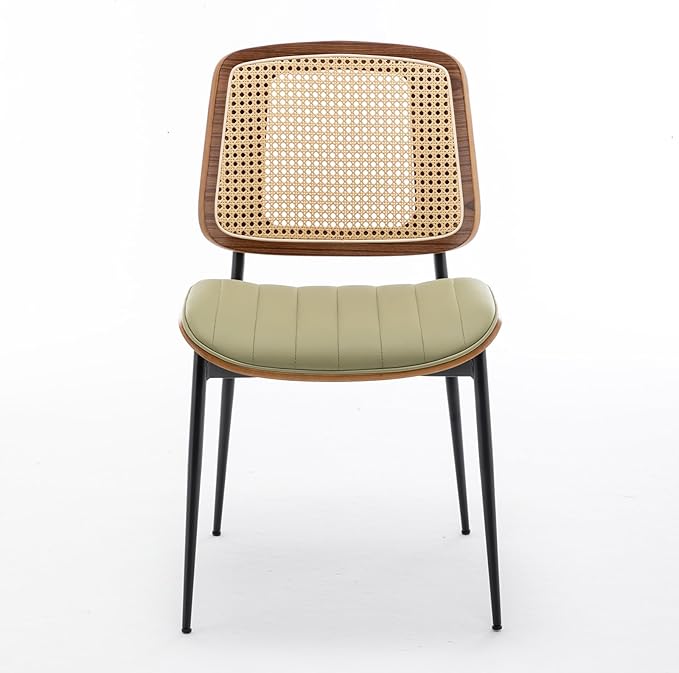 LUNLING Dining Chairs Set of 2 Mid Century Modern Retro Faux Leather Kitchen Chairs with Walnut Bentwood Upholstered Seat Metal Legs Adjustable Foot for Kitchen Dining Room Chairs(LightGreen)