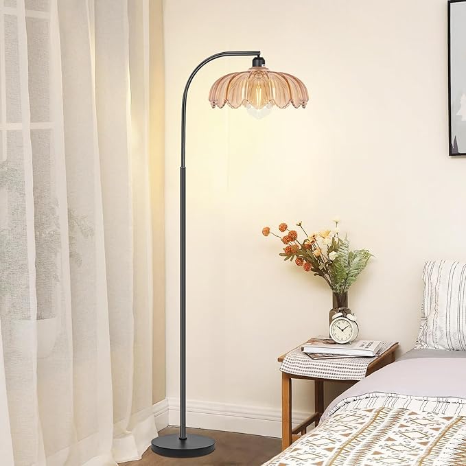 Black Floor Lamp for Living Room,Bedroom,Mid Century Modern Standing Lamp with Remote,Dimmable Brass Tall Lamp Amber Glass Lamp Vintage Retro Arc Floor Lamps Flower Floor Light Boho Bohemian