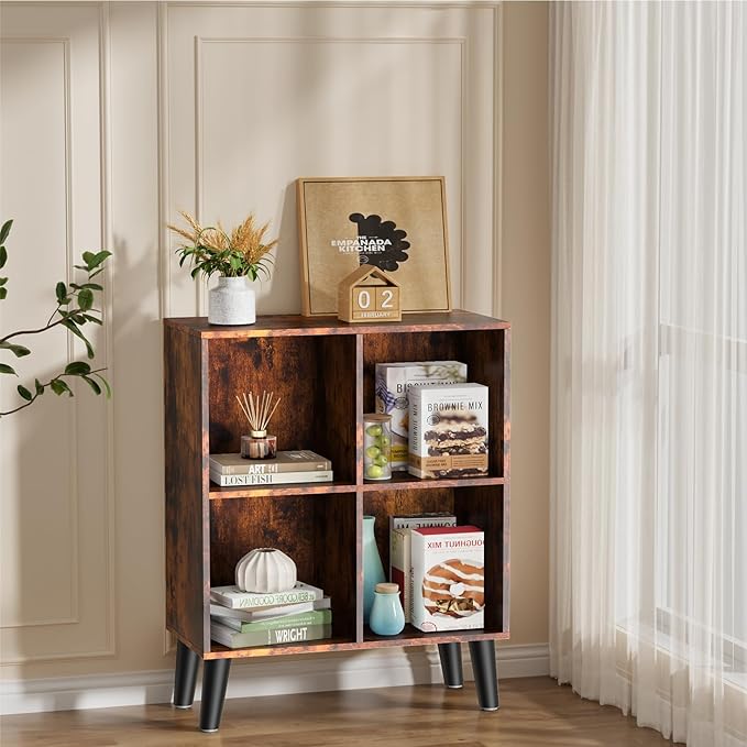 4 Cube Storage Organizer with Legs, 2 Tier Cube Low Bookcase Freestanding Storage Display Organizer for Home Office, Four-Cubes Open Shelf Bookshelf (Retro Brown, 4 Cube)