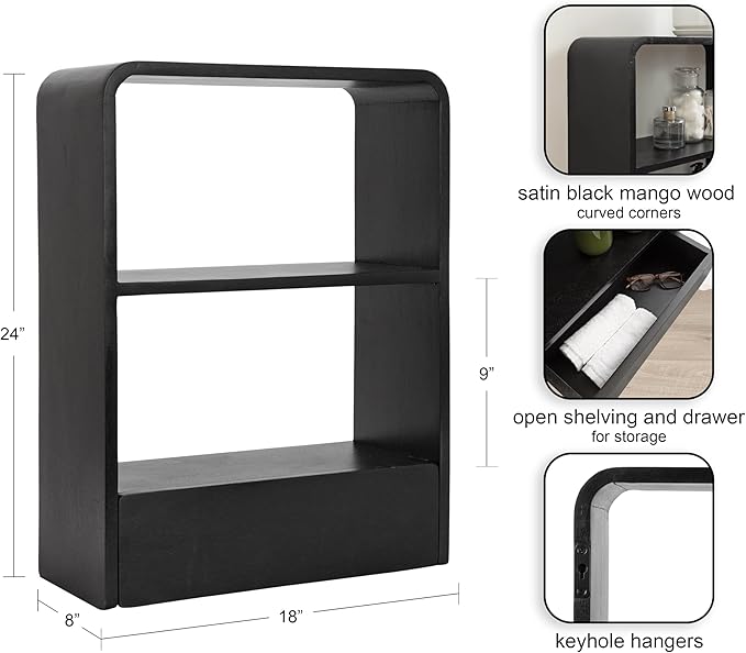 Kate and Laurel Kato Modern Wall Shelf with Drawer; 18 x 24; Black; Decorative Over The Toilet Shelf for Use as Bathroom Storage or Living Room Display Shelf