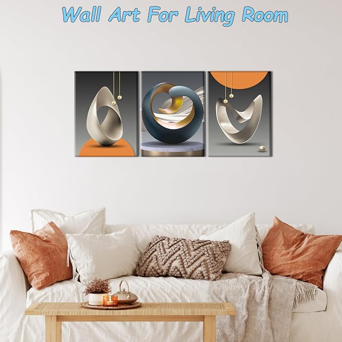Pennimor 3 Piece Framed Abstract Wall Art, Geometric Wood Canvas Wall Decor, Modern Minimalist Bright Style Artwork Printing for Bathroom Bedroom Living Room Home Office Farmhouse 20x28in