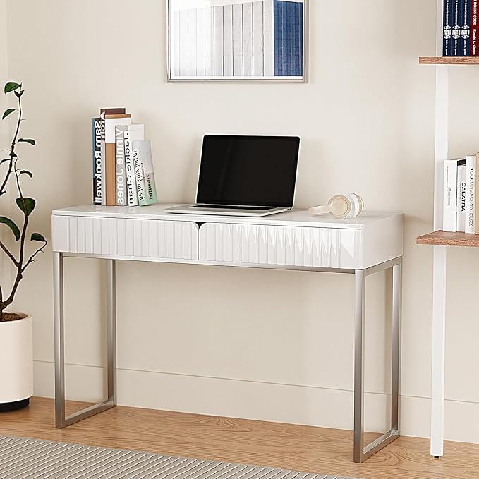 Tamworth Design Modern Multi-Purpose Desk, White & Antique Brass, 43" L x 15.75" W, 2 Large Drawers, Computer/Vanity/Study, Adult Size