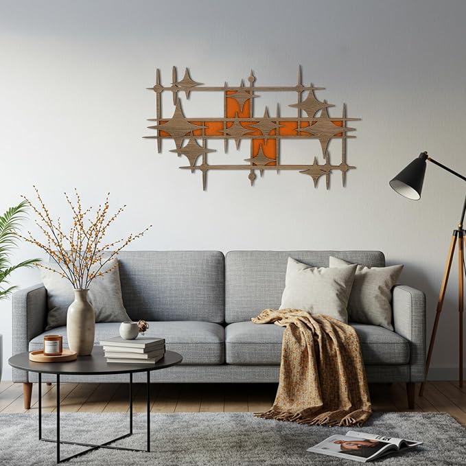 BrightRow Wooden Mid Century Modern Large Starbursts Wall Decor, Retro Starburst Panels Sculpture, 14.96 X 8.82 inch, Abstract Wall Decor Accents for Home Office Living Room