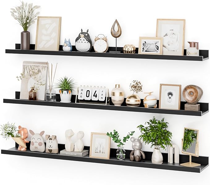 Heimlove 48 Inch Picture Ledge Shelf with Lip,Black Floating Shelves for Wall Set of 3,Long Wall Shelves in Varying Depths for Living Room,Bedroom,Nursery,Bookshelf