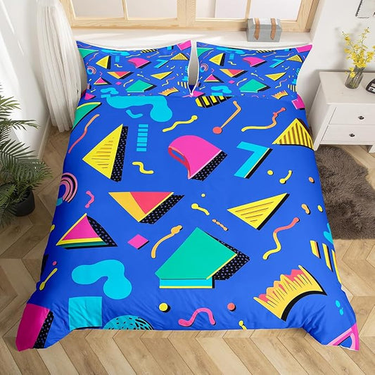 80s 90s Bedding Set Memphis Pattern Old Fashioned Comforter Cover King,Geometric Abstract Colorful Dots Funky Duvet Cover Retro Bed Set,Multicolor Cute Vintage Rainbow 80'S Style 1980S Home Decor