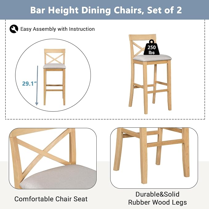 VilroCaz Farmhouse 3-Piece Counter Height Wood Kitchen Dining Sets, Home Bar Pub Kitchen Breakfast Set, 48'' Long Bar Table with 2 Upholstery Chairs for Small Places