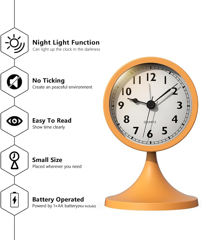AYRELY® 3" Cute Analog Alarm Clock,Small Retro Table Clock Battery Operated,Slient Metal Desk Clock with Light for Living Room Decor,Bedroom,Bedside,Shelf (Orange)