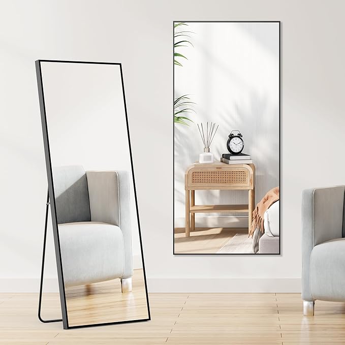 OLIXIS 64"x 21.5" Mirror Full Length, Full Body Mirror with Stand, Hanging or Leaning for Wall, Floor Standing with Shatter-Proof Glass for Bedroom, Living Room, Long, Black