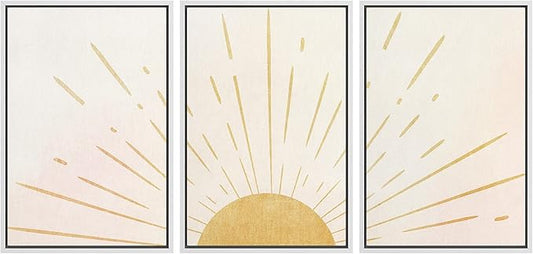 wall26 Framed Wall Art Print Set Shining Yellow Sun on The Horizon Geometric Nature Illustrations Modern Art Mid-Century Modern Colorful for Living Room, Bedroom, Office Natural - 24"x36"x3 White