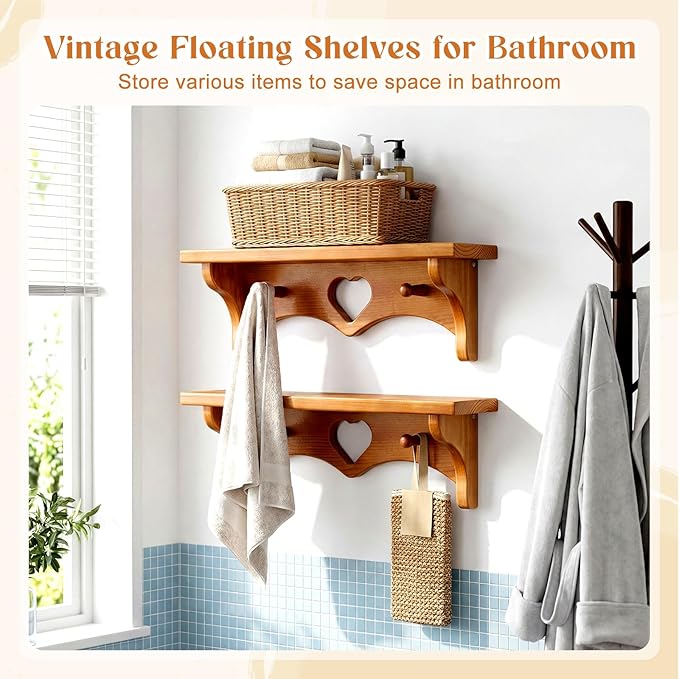 Novabright 2 Pcs Wooden Heart Shelves 16" Vintage Floating Shelf with Hooks Natural Walnut Pine Wood Coat Rack Wall Mounted Hanging Shelf for Living Room Bedroom Bathroom Home Decor