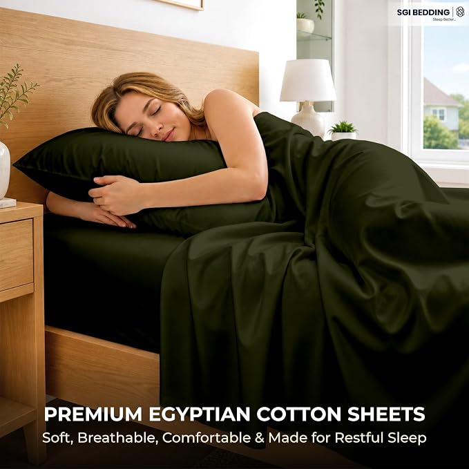 SGI bedding 100% Egyptian Cotton Sheets Twin XL Size – 600 Thread Count Sheets Set, Soft, Cooling, 15" Deep Pocket, Luxury Hotel Bedding, Breathable, Durable - Olive Green