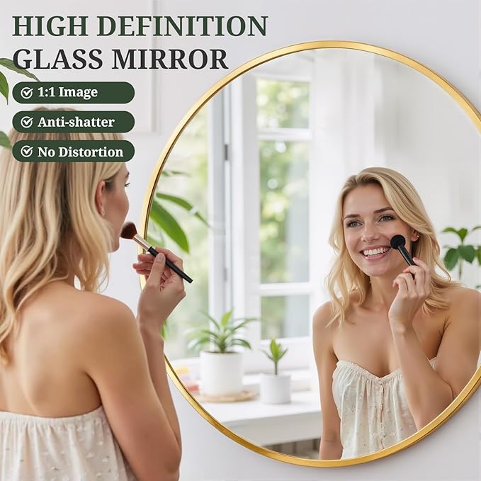 Round Wall Mirror 24 Inch Gold Vanity Mirror with Metal Frame, Modern Circle for Bathroom, Entryway, Bedroom, Living Room, Wall Mounted Decorative Mirrors