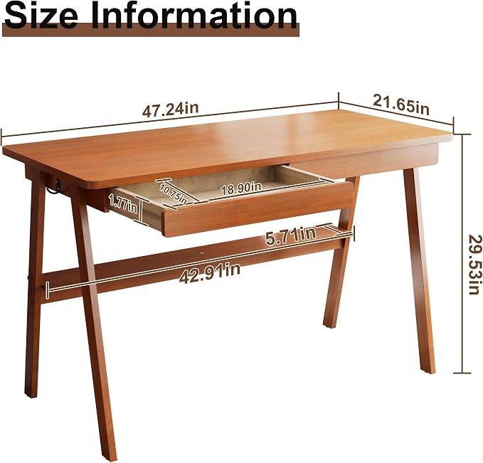 Solid Wood Desk with Drawers - 47.2 Inch Mid Century Modern Desks, Writing Desk with Storage Shelf, Home Office Desks for Bedroom & Home, Walnut Color