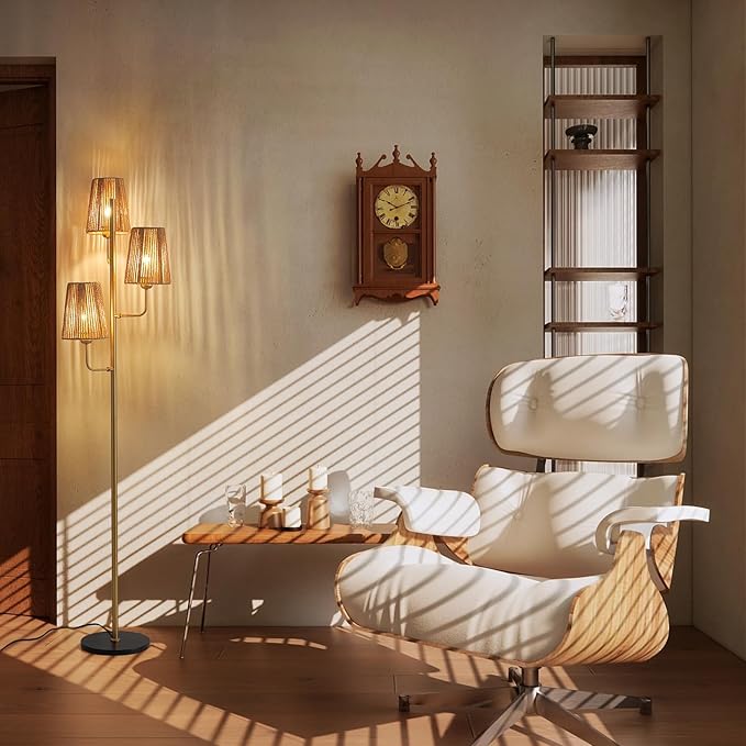 Boho Floor Lamp for Living Room: 3 Light Rattan Floor Lamp for Bedroom, Gold Standing Lamp with Foot Switch, Coastal Rustic Tall Lamp, No Bulb