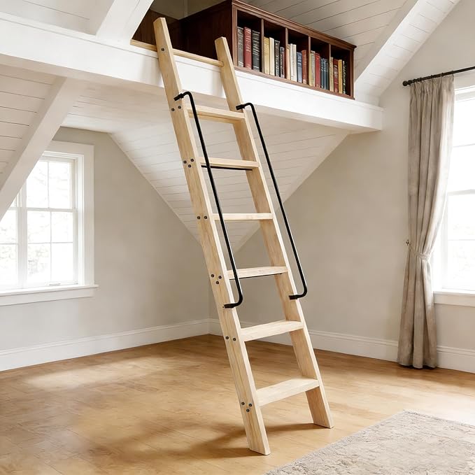 87in Attic Rolling Library Ladder, 7 Step Wooden Ladder with,Loft Ladder Bookshelf,Wall Stairs Red Oak Stair Platform Bunkbed Ladder,for Home Kitchen,Warehouses,Bookstore,DIY Stain