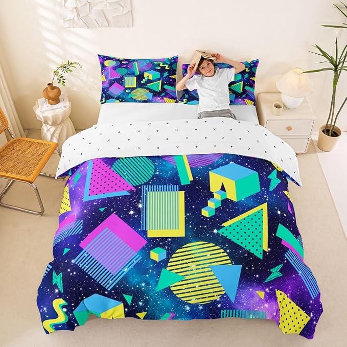 Universe Stars Comforter Cover Cosmic Outer Space Bedding Set for Teens Mens Boys Retro 80s 90s Memphis Duvet Cover Circular Triangle Geometric Quilt Cover Urban Art Bedroom Decor King Size
