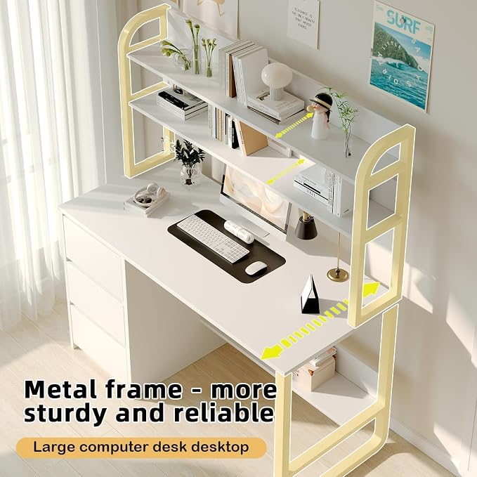 MaverickFurni White Desk with Hutch, 47 Inch Computer Desk with 3 Drawers for Bedroom, Study Writing Desk with Shelves for Small Spaces, Adjustable Feet