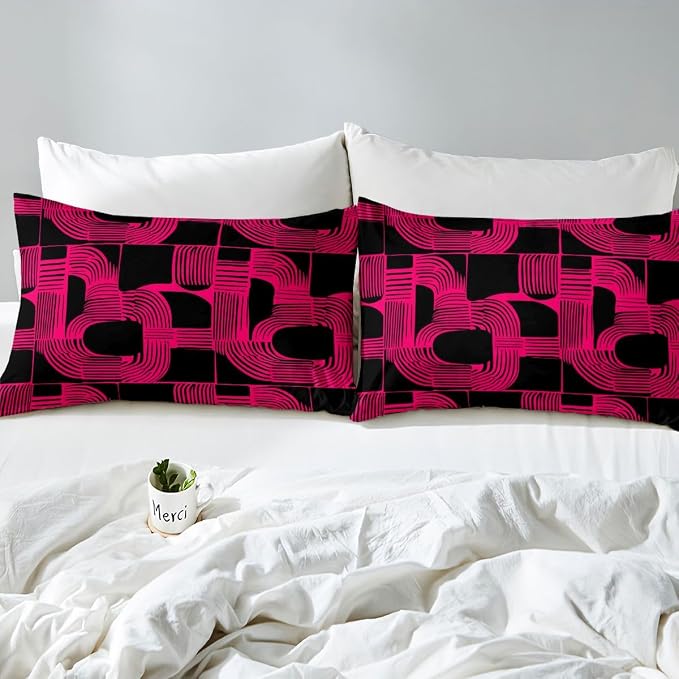 Bohemian Geometric Boys Duvet Cover King Size Mid Century Abstract Bedding Set 3 Piece Hot Pink Boho Ethnic Comforter Cover Modern Abstract Striped Bed Sets For Kids Teens Adult Men Bedroom Decor