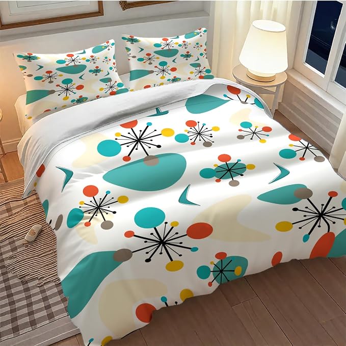 Mid Century Bedding Set,1950s 1960s Vintage Atomic Abstract Green Geometric Pattern Comforter Set with Pillowcase for Bedroom Bed Decor，Twin 86"x70"