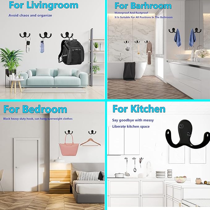3 Pack Black Double Prong Coats Towel Hooks For Bathrooms Wall Mounted Shower Rustproof, 1.37 Oz Retro Wall Hooks Heavy Duty Hanging Towels Coat Hat Loofah Robe Key Scarf Bag Cap Kitchen Accessories