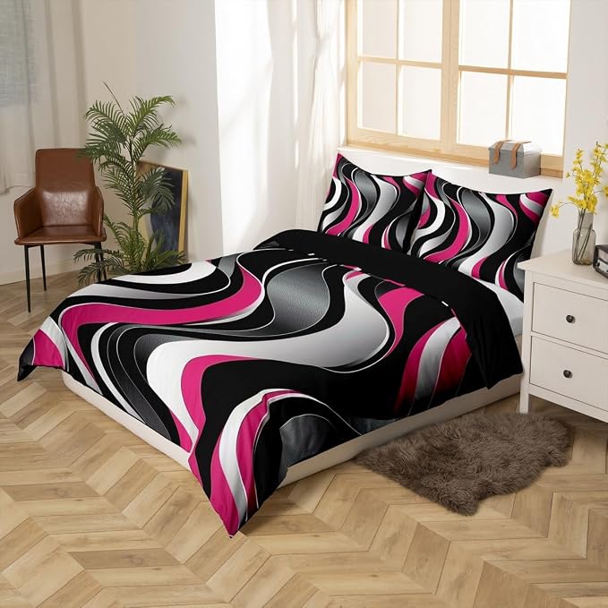Erosebridal Geometric Wavy Lines Comforter Cover King for Kids Teens Adults,Minimalist Abstract Art Duvet Cover,Modern Aesthetic Bedding Set,Pink Grey Black Bed Set with 2 Pillowcases Bedroom Decor