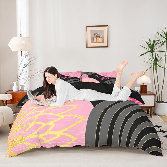Erosebridal Boho Mid Century Duvet Cover Toddler Size for Women Men Adults |Pink and Black Modern Comforter Cover Minimalist Geometric Bedding Set Aesthetic Modern Abstract Bed Set