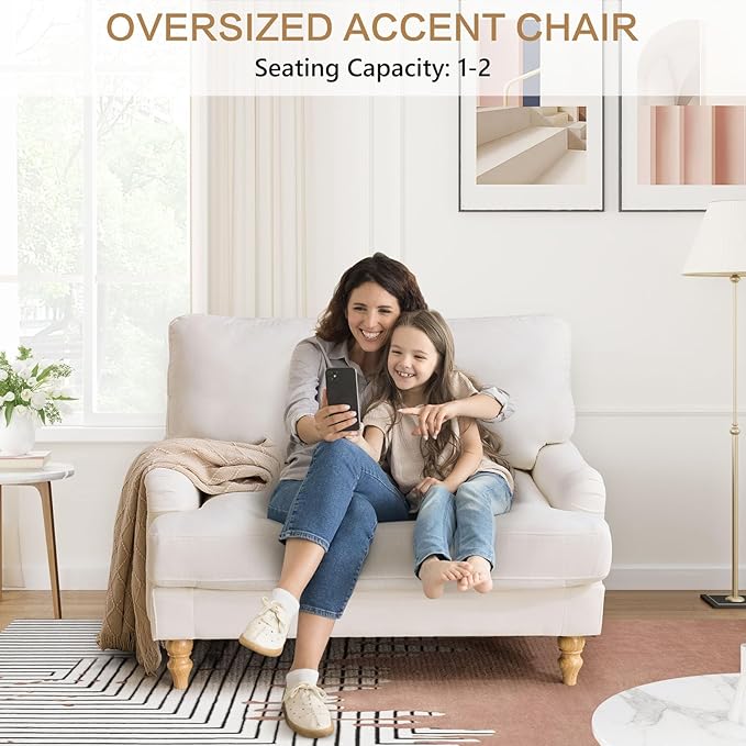 Bezseller Oversized Accent Chair Indoor, 46" W Large Upholstered Single Sofa Chair and Wood Legs, Big Comfy Armchair Leisure Lounge for Living Room, Bedroom, Apartment, Reading Room(Beige)