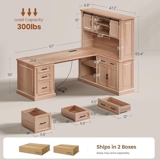 SEDETA 67" Farmhouse Desk with Hutch, L Shaped Office Desk with 4 Drawers & Storage Cabinet, Executive Corner Computer Desk with Sliding Doors, File Drawer & Power Outlet for Home Office, Oak