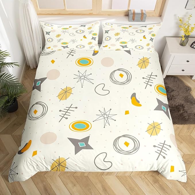 Erosebridal Kids Cartoon Atomic Duvet Cover Full Modern Mid Century Bedding Set, Retro Fifties Comforter Cover Hippie Abstract Bed Set, Geometric Polka Dots Bedding Teal Orange Room Decorative