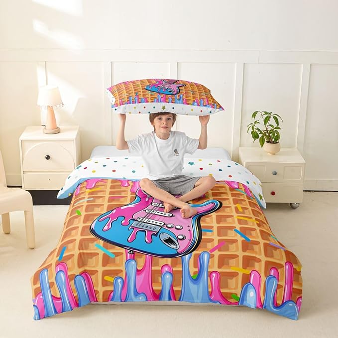 Erosebridal Guitar Music Toddler Comforter Cover for Girls - Blue Pink Ice Cream Drip Dessert Bedding Set Sweet Candy Duvet Cover,Summer Dessert Party Bed Set