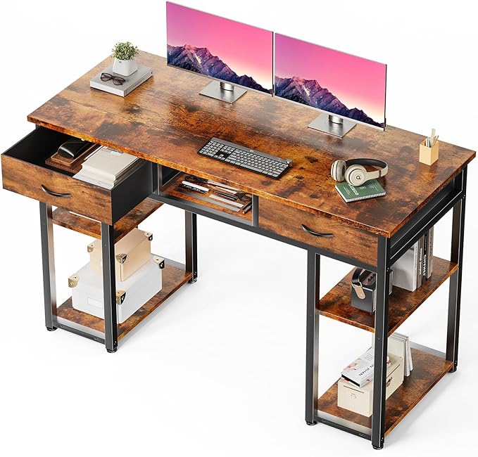 DUMOS 48" Small Computer Home Office Desk for Bedroom with Drawers, Gaming Writing Study Table with Storage Shelf, Adjustable Feet, Metal Frame Natural Brown