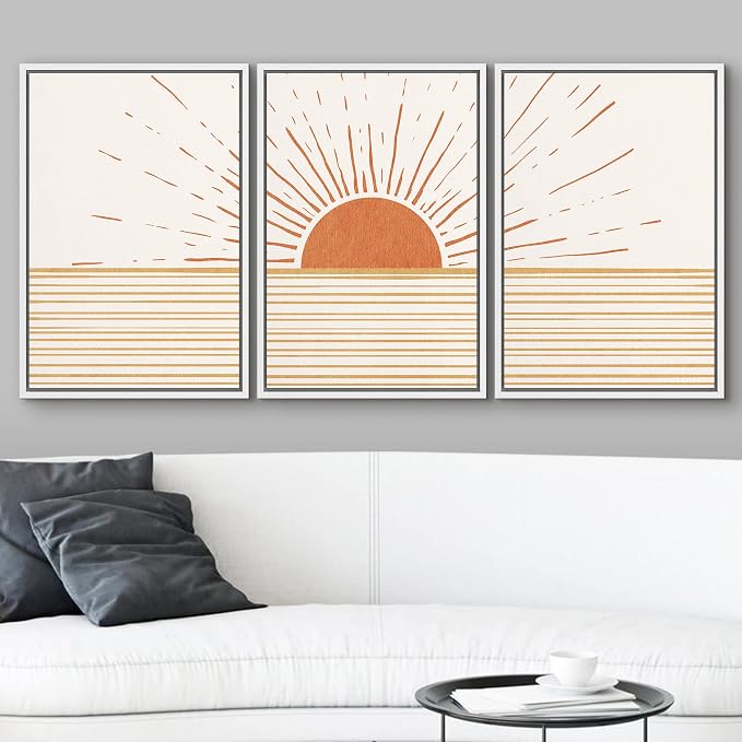 wall26 Framed Canvas Print Wall Art Set Mid-Century Ocean Sunset Sun Horizon Nature Abstract Illustrations Modern Art Bohemian Decorative for Living Room, Bedroom, Office - 24"x36"x3 White
