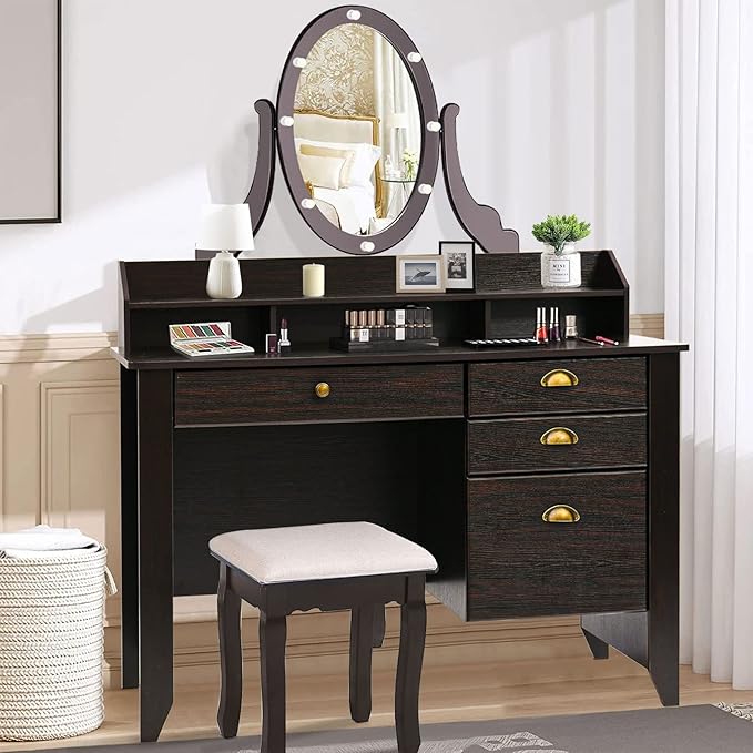Catrimown Home Office Desk with Drawers and Hutch, Small Computer Desk with File Drawers, Writing Study Teens Student Desk for Bedroom, Student Girls Desks with Storage Shelves, Espresso Brown