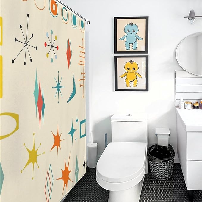 Mid Century Modern Shower Curtain,Vintage Iconic Atomic Modern Retro Space Abstract Geometric Fabric Bathroom Decor Curtains with Hooks 72x72in（183x183cm）