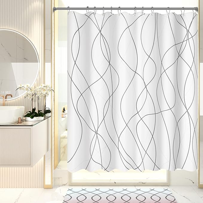 AmazerBath Shower Curtain, Rustic Abstract Black Striped Cloth Shower Curtain Sets with 12 Metal Shower Curtain Hooks, Luxury Washable Farmhouse Fabric Shower Curtains for Bathroom Decor, 72x72 Inches