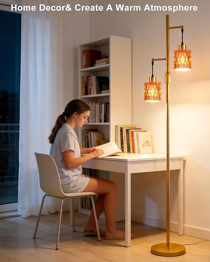 2-Light Glass Floor Lamp, 65IN Tall Standing Lamps Dimmable with Rose Red Glass Lampshade, 3000K Warmwhite Mid Century Modern Floor Lamp with 5Lbs Heavy Base for Living Room/Bedroom