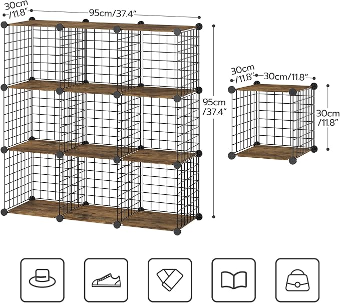 HOOBRO Wire Cube Storage Organizer, 9-Cube Shelves, Modular Shelves with Metal Grid, DIY Closet Cabinet for Living Room, Bedroom, Rustic Brown and Black BF09CW01