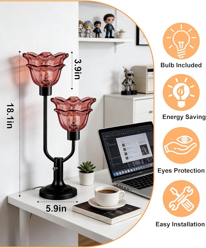 Lightdot Mid Century Modern Flower Table Lamp Dimmable Nightstand Lamp Red Glass Vintage Black Desk Lamp 2 Bulbs Included Warmwhite Ambient Bedside Lamps for Living Room Bedroom Home Office Decor Gift