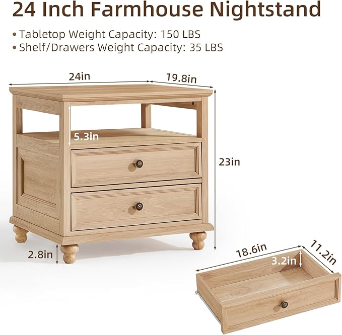 24" Wide Farmhouse Night Stand Set of 2,Large End Table with 2 Drawers & Metal Handle,Natural Wood Dresser for Bedroom, Bed Side Table Chest of Drawers Cabinet, Nightstand for Living Room