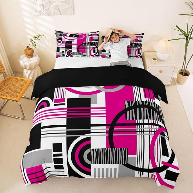 Art Deco Mid Century Duvet Cover Set Retro Modern Abstract Geometric Queen Bedding Set for Preteen Boys Girls Black and White Hot Pink Circles Stripes Comforter Cover Contemporary Bed Sets