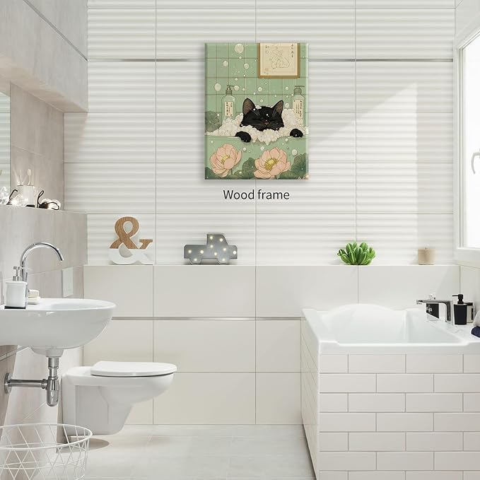Black Cat in Bathtub Poster Vintage Japanese Bathroom Wall Art 12X16 inch Framed Funny Cute Animal Canvas Prints for Bedroom Restroom Toilet Wall Decor