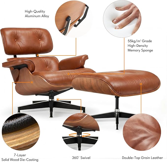 Top Grain Leather, Mid Century Chaise Lounge Chair and Ottoman, Reading Chair, Leather Accent Chair, Modern Chair, Classic Design, Heavy Duty Base Support for Living Room Lounge Office, Walnut-Brown