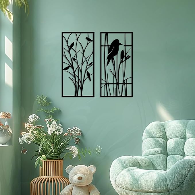 cape leadwort Metal Birds on Branches Wall Art Decor Sculptures, Metal Tree with Birds Wall Art, Wall Mounted Indoor/Outdoor Garden Decor, Gift for Bird Lovers