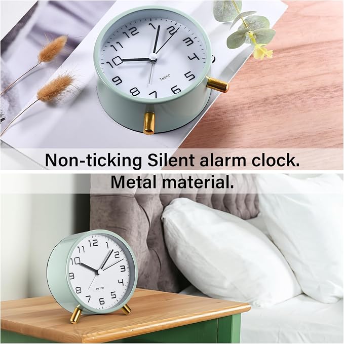 Tetino Analog Alarm Clocks,Retro Metal Desk Silent Non Ticking Small Clock with Night Light,Battery Operated,Simple Design,for Bedrooms, Bedside,Office,Home Décor (White)