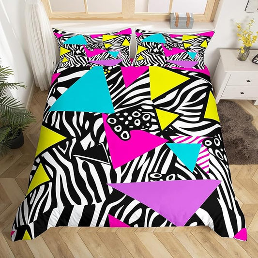 80s 90S Fashion Style Bedding Set Twin Size,Retro Memphis Style Pattern with Geometrical Shapes Duvet Cover for Kids Child,Funky Hipster Old Fashioned Comforter Cover Geometric Bedroom Decor