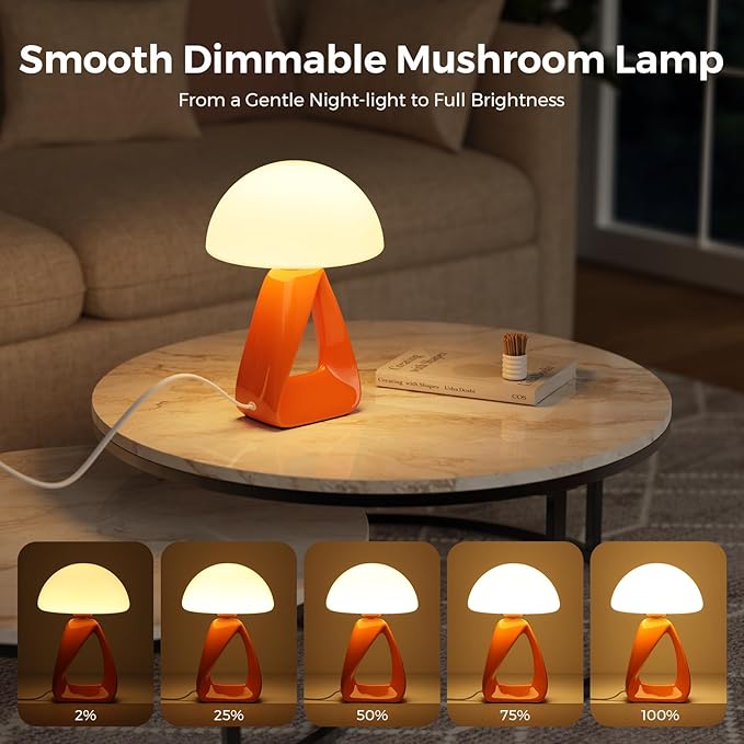 Mushroom Lamp, Small Table Lamp for Bedroom, Creative Geometric Ceramic Base Bedside Lamp, Mid Century Modern Side Table Lamp for Living Room Nightstand, Unique Aesthetic Home Decor Gift Ideas, Orange