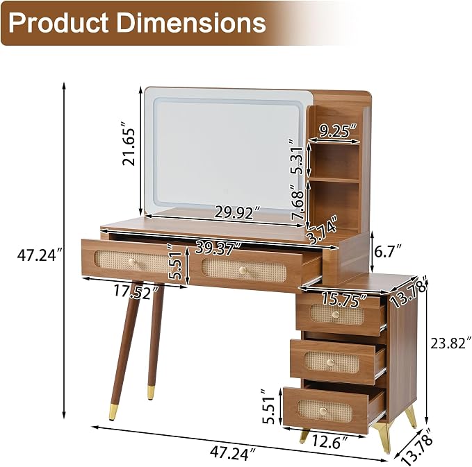 Boho Brown Vanity Desk with Mirror and Lights, Wooden Vanity Desk with Drawers & Shelves, 3 Lighting Modes Makeup Vanitys Tables for Bedroom, Dressing Room, Adjustable Brightness (Walnut)